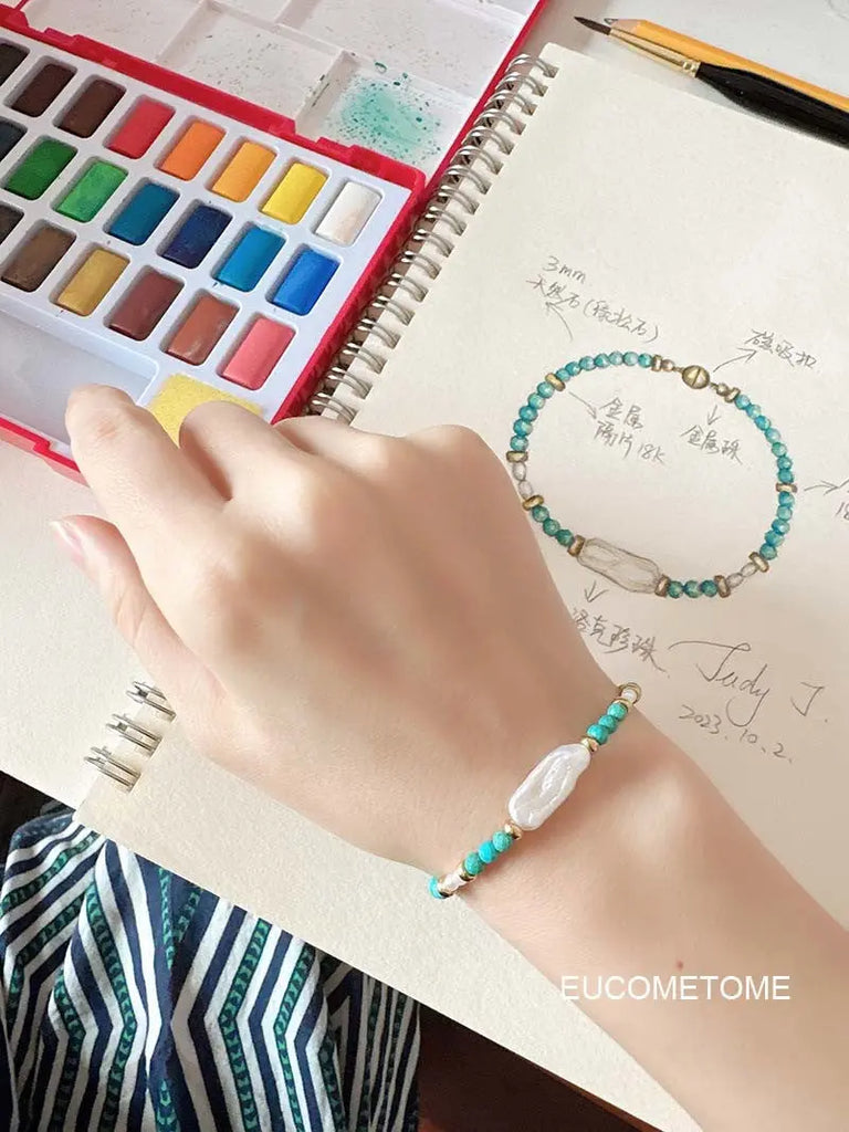 EUCOMETOME · 【Original】Eternal Love｜Natural Turquoise&Baroque Pearl Bracelet · 15.5cm(Wrist Size Net Size for One Circle13.5-14cm） https://www.xiaohongshu.com/goods-detail/65237b788758c400018f829a