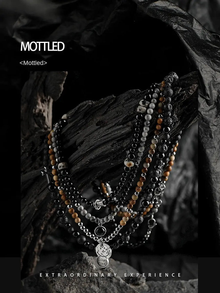 Guli [Mottled] Retro High-Grade Black Agate Beaded Necklace Men's Trendy Special-Interest Design Volcanic Rock Sweater Chain Buddha&Energy