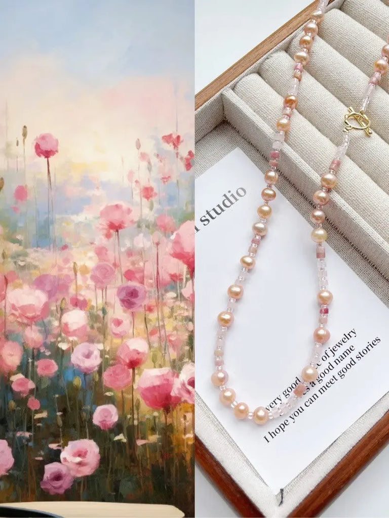 Blossom studio·Grass Rose Freshwater Pearl Natural Stone Stitching Necklace｜Customized｜50cm https://www.xiaohongshu.com/goods-detail/65a36189ff7b510001323db2