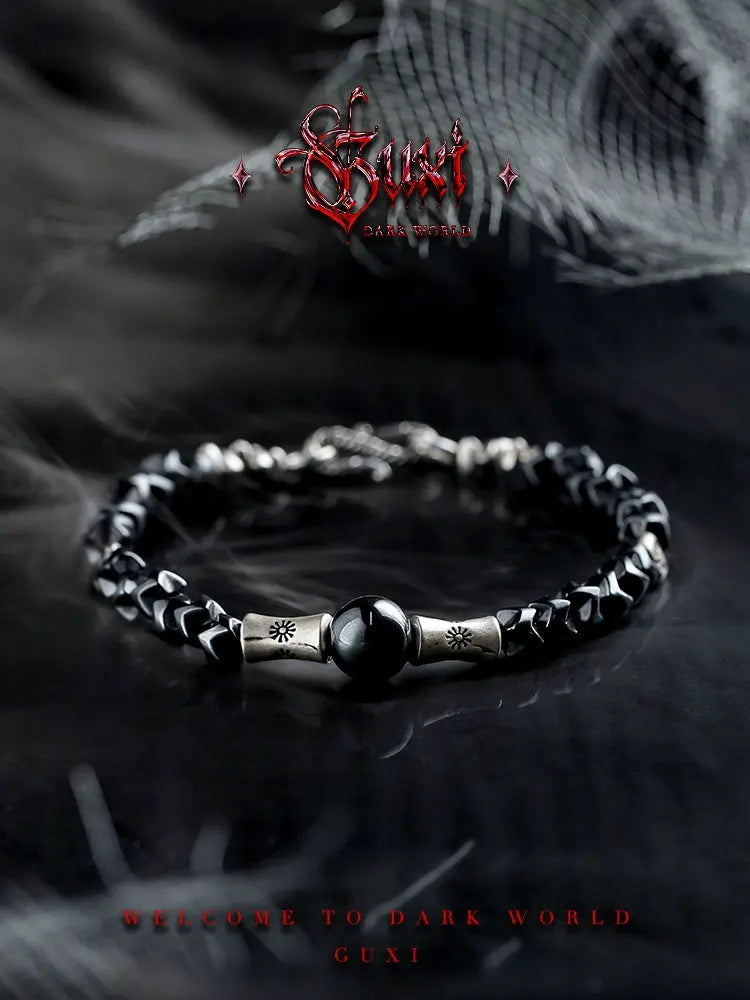 Guxi [Shadow] Dark Style Retro Hematite Bracelet Boys Simple Couple Bracelet Beads Gift for Boyfriend Buddha&Energy