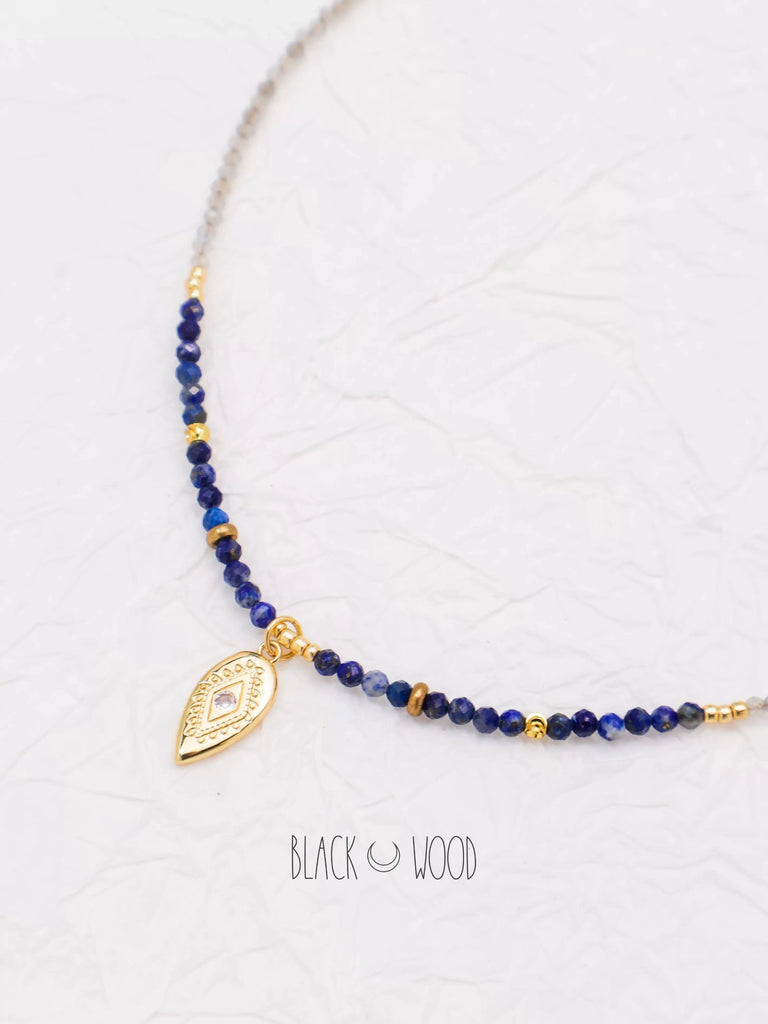 Black Wood | Lapis Lazulite Contrast Color Matching Moonstone Beaded Necklace Brass Gold Plated Pendant Parts Buddha&Energy