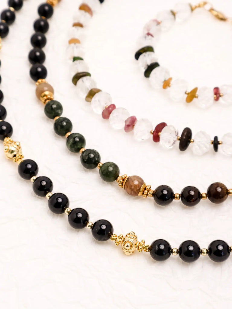 Black Wood | Black Pointed Crystal Tourmaline White Crystal Custom Beaded Necklace Buddha&Energy