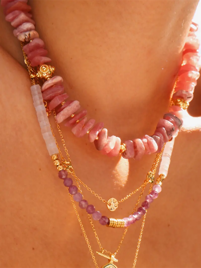 Black Wood | Irregular Rhodochrosite Pink Crystal Titanium Steel Gold Plated Custom Beaded Necklace Buddha&Energy