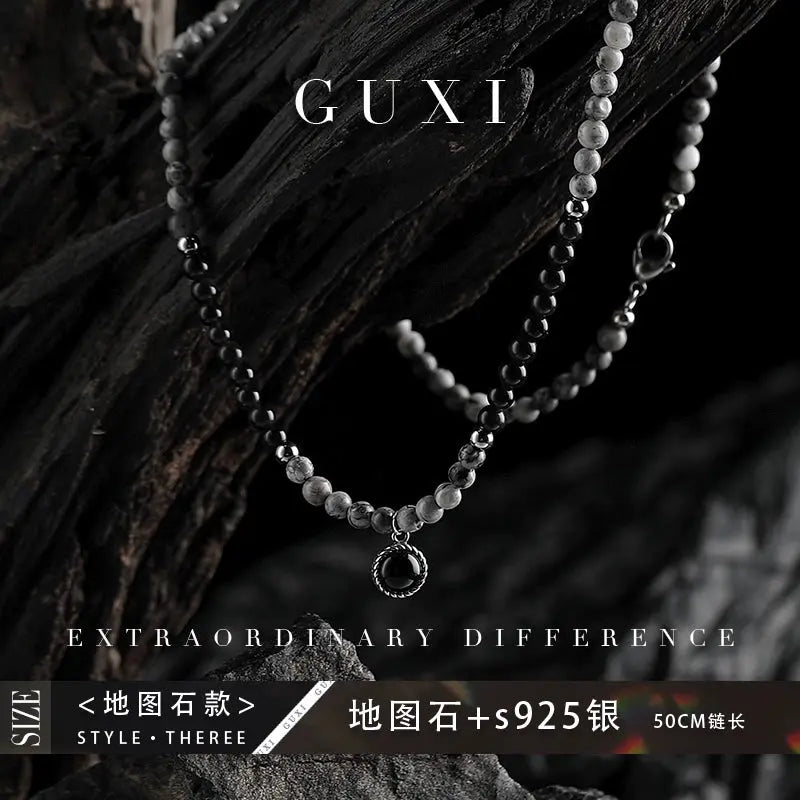 Guli [Mottled] Retro High-Grade Black Agate Beaded Necklace Men's Trendy Special-Interest Design Volcanic Rock Sweater Chain Buddha&Energy