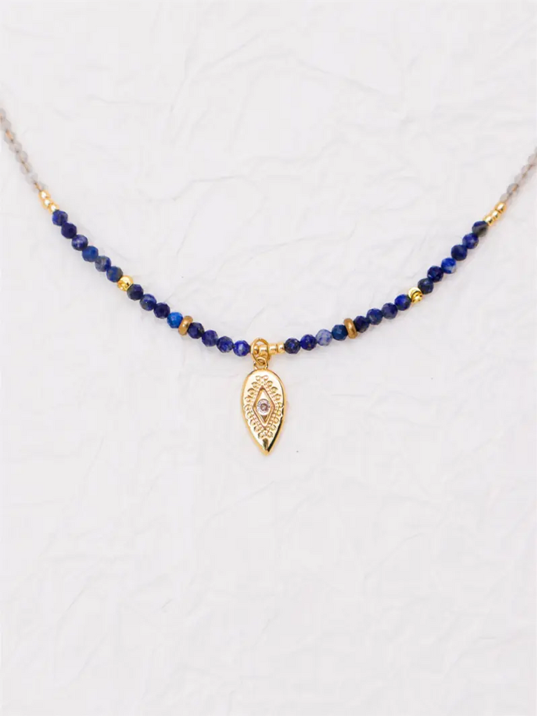 Black Wood | Lapis Lazulite Contrast Color Matching Moonstone Beaded Necklace Brass Gold Plated Pendant Parts Buddha&Energy