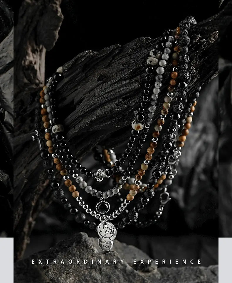 Guli [Mottled] Retro High-Grade Black Agate Beaded Necklace Men's Trendy Special-Interest Design Volcanic Rock Sweater Chain Buddha&Energy