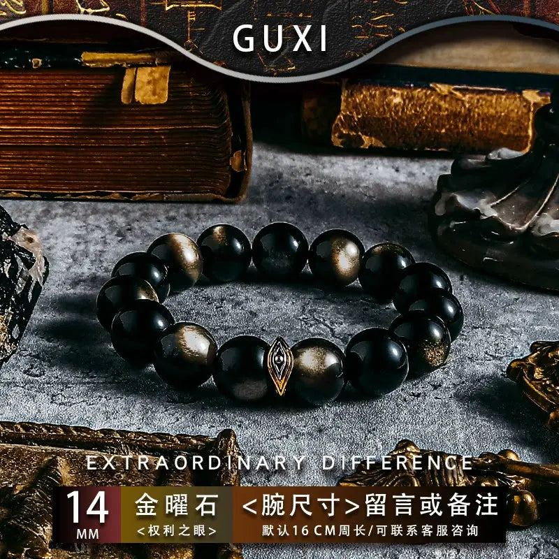 GUI [Eye of God] Gold and Silver Obsidian Bracelet Men's High Sense Retro Couple Bead Bracelet Birthday Gift Buddha&Energy