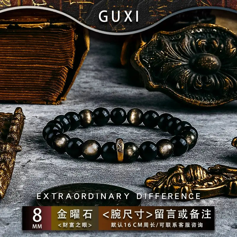 GUI [Eye of God] Gold and Silver Obsidian Bracelet Men's High Sense Retro Couple Bead Bracelet Birthday Gift Buddha&Energy