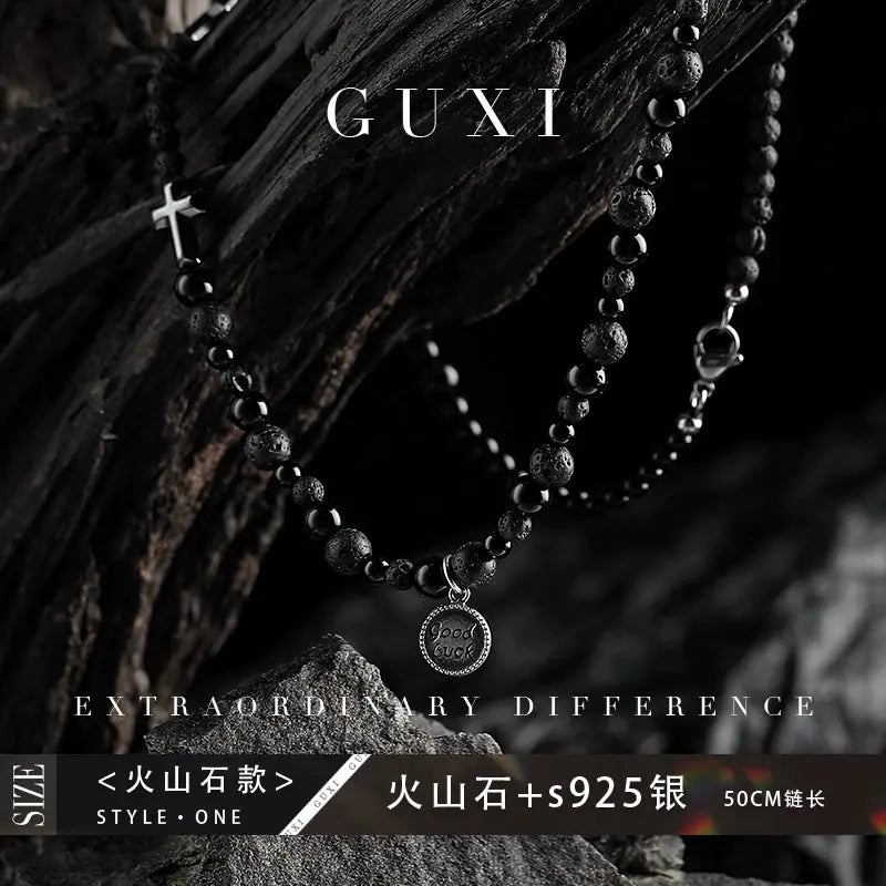 Guli [Mottled] Retro High-Grade Black Agate Beaded Necklace Men's Trendy Special-Interest Design Volcanic Rock Sweater Chain Buddha&Energy