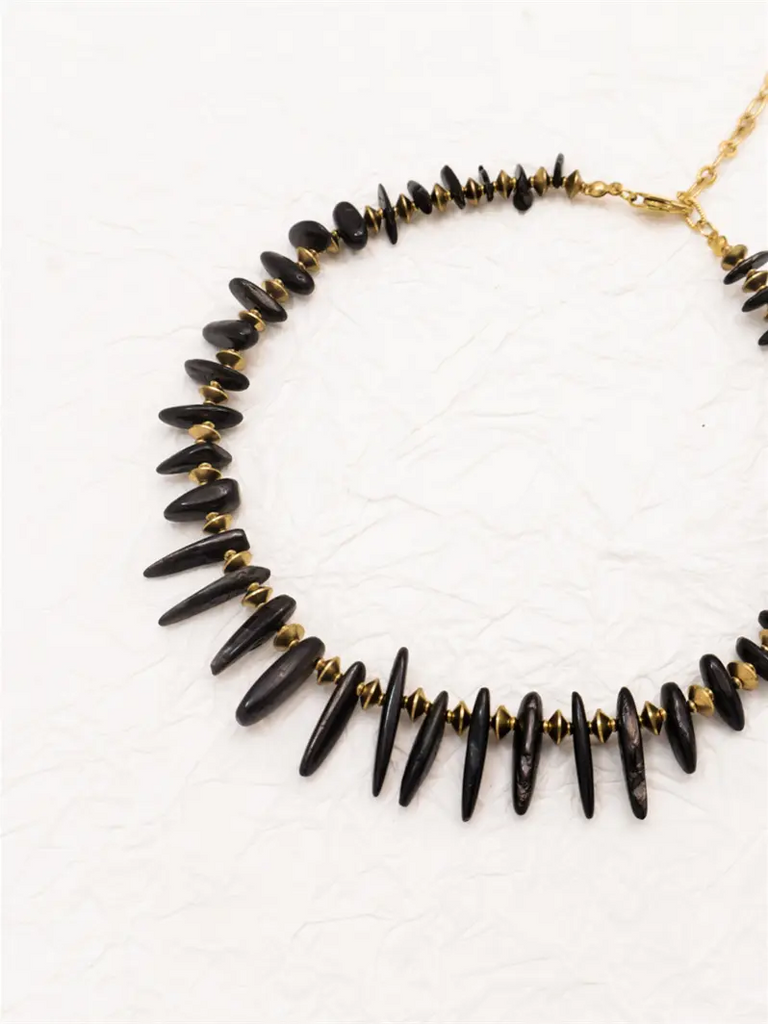 Black Wood "Black Gypsy" | Shaped Gold Obsidian with Pure Brass Custom Beaded Necklace Buddha&Energy