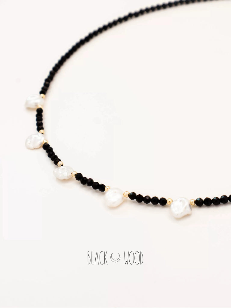 Black Wood | Daily Exquisite Black Pointed Crystal with Baroque Petal Pearl Custom Beaded Necklace Buddha&Energy