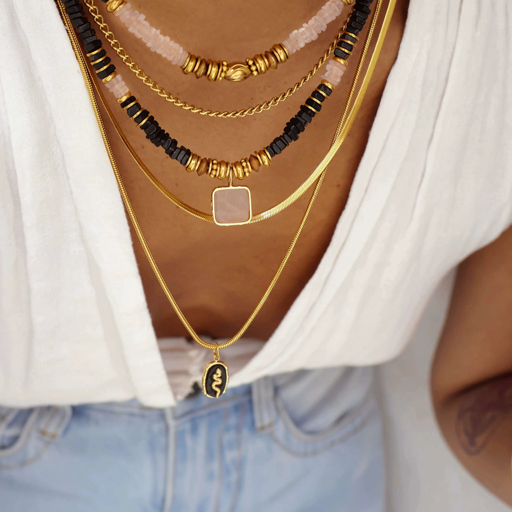 Black Wood | Rock Girl Pink Crystal Black Tourmaline Custom Beaded Necklace for Travel Wear Buddha&Energy