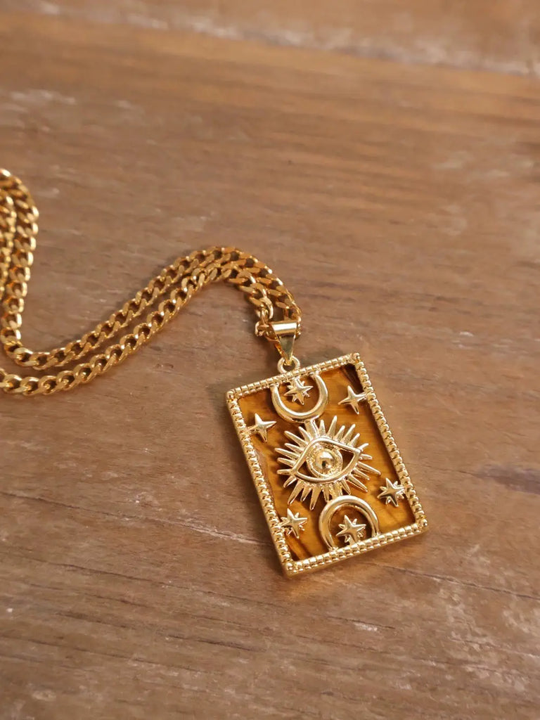 Black Wood Tiger eye | Lapis Lazuli | White Shell Natural Square Plate Long Necklace Sweater Chain Buddha&Energy