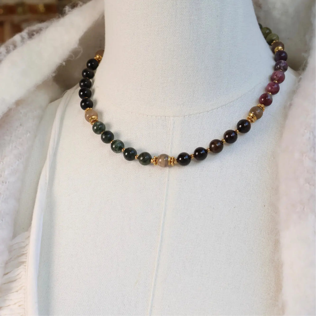 Black Wood | Black Pointed Crystal Tourmaline White Crystal Custom Beaded Necklace Buddha&Energy