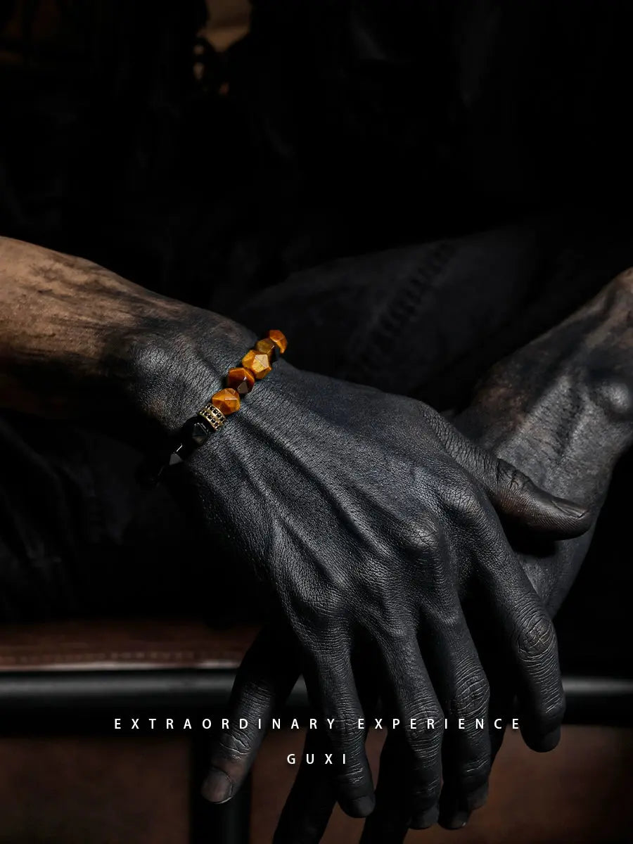 [Hidden Dragon] Tiger-Eye Bracelet Boys Senior Sense Black Agate Bead Bracelets for Boyfriend Gift Ornament Buddha&Energy