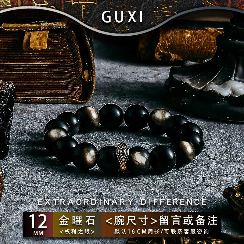 GUI [Eye of God] Gold and Silver Obsidian Bracelet Men's High Sense Retro Couple Bead Bracelet Birthday Gift Buddha&Energy