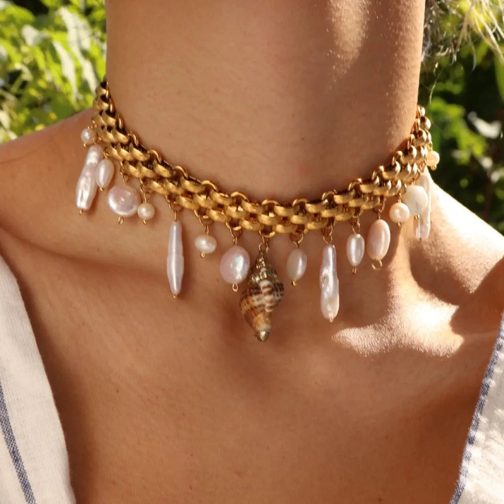 Black Wood "Daughter of the Sea" Summer Beach Atmosphere Titanium Steel Gold-Plated Baroque Pearl Necklace Buddha&Energy