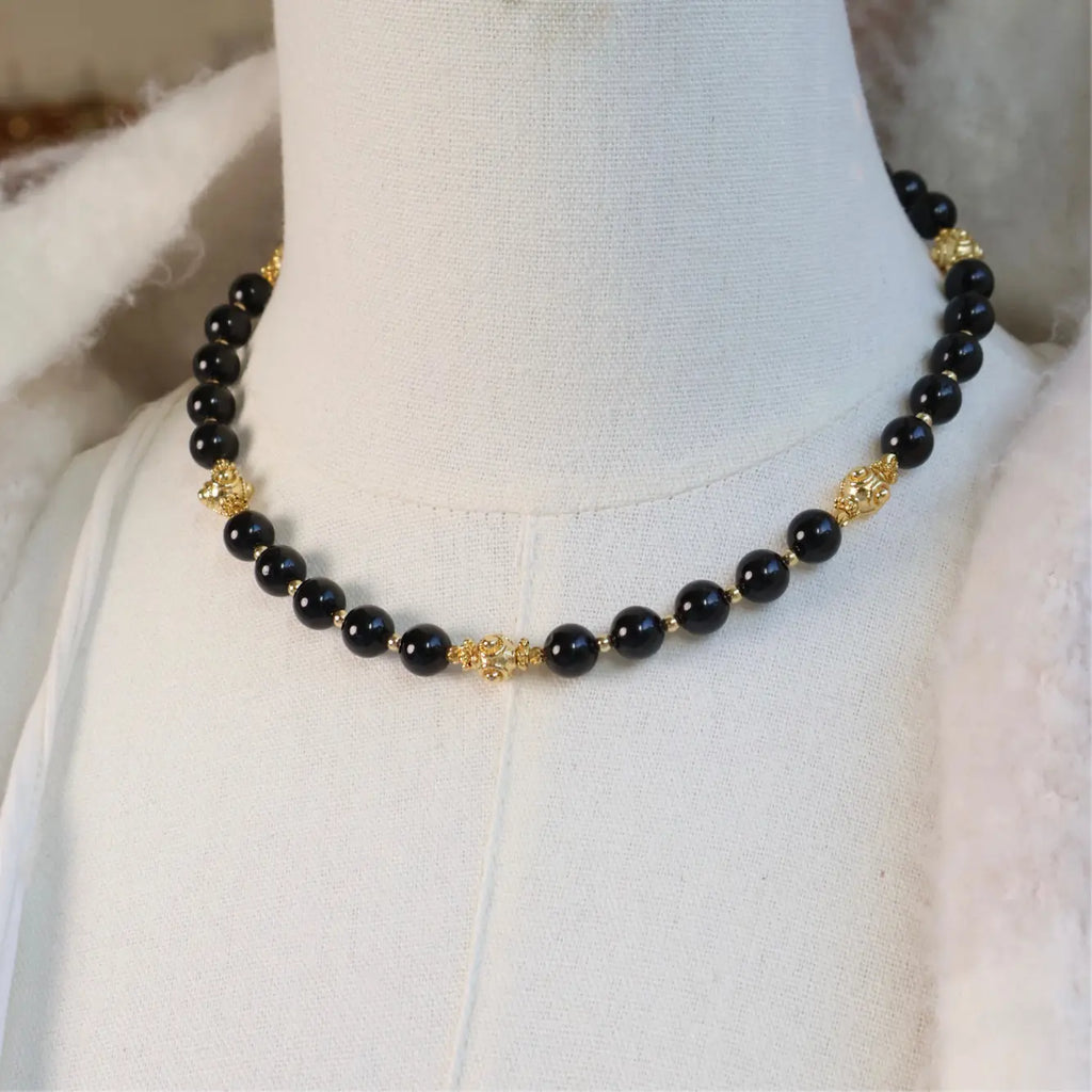 Black Wood | Black Pointed Crystal Tourmaline White Crystal Custom Beaded Necklace Buddha&Energy