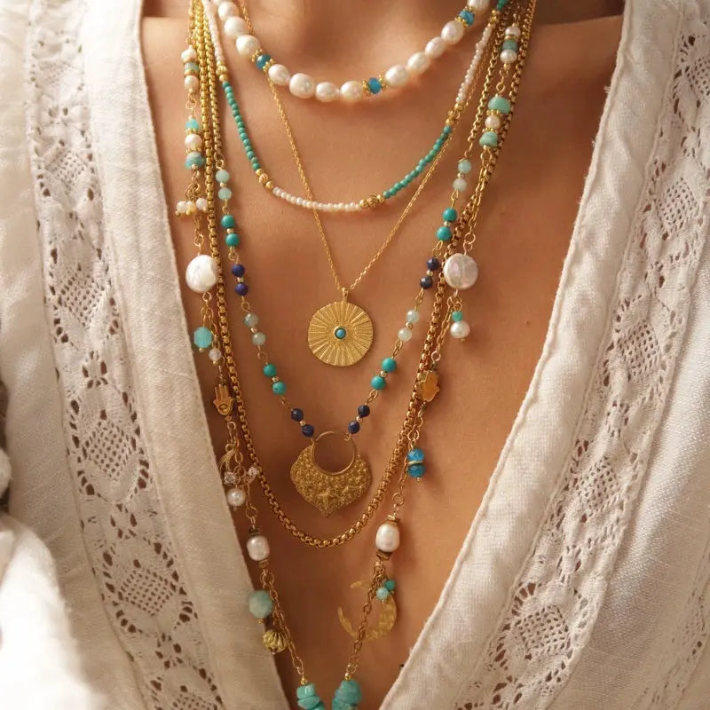 Black Wood Bohemian Necklace Suit | Natural Pearl-Turquoise-Amazonite Buddha&Energy