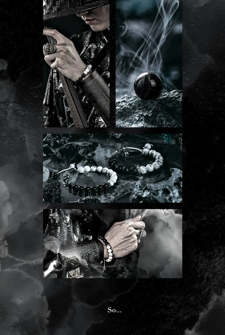 Guli [Black and White] Obsidian Bracelet Men's High Sense Niche Volcanic Rock Bead Bracelets Couple's Birthday Present Buddha&Energy
