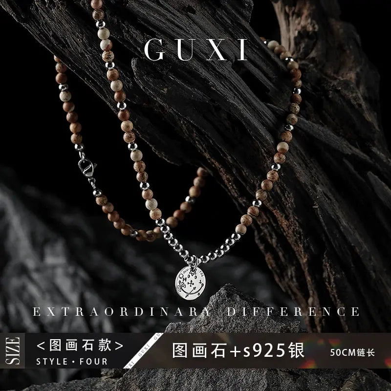 Guli [Mottled] Retro High-Grade Black Agate Beaded Necklace Men's Trendy Special-Interest Design Volcanic Rock Sweater Chain Buddha&Energy