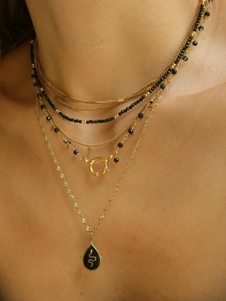 Black Wood Jewelry "Hecate" Natural Black Pointed Crystal Black Agate Titanium Steel Gold Plated Handmade Necklace Buddha&Energy