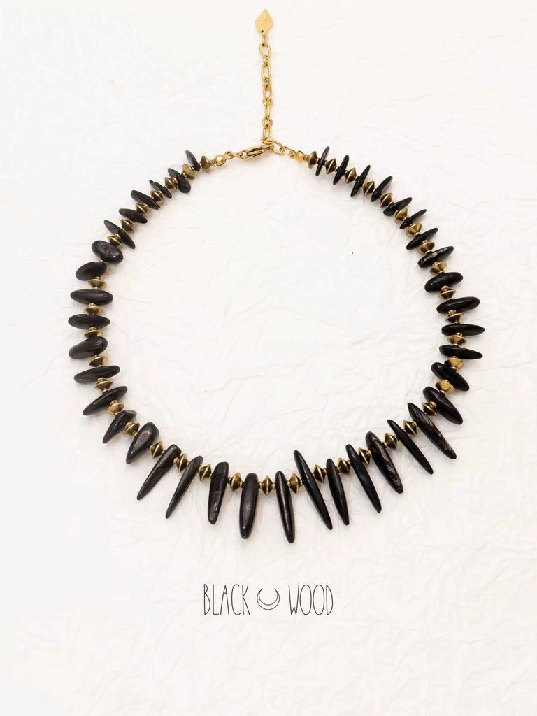 Black Wood "Black Gypsy" | Shaped Gold Obsidian with Pure Brass Custom Beaded Necklace Buddha&Energy