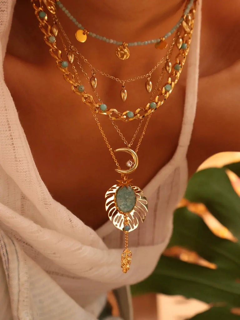 Black Wood 7# Desert Oasis Amazonite Monstera Gypsy Style Titanium Steel Gold-Plated Necklace Buddha&Energy