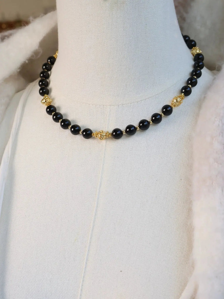 Black Wood | Black Pointed Crystal Tourmaline White Crystal Custom Beaded Necklace Buddha&Energy