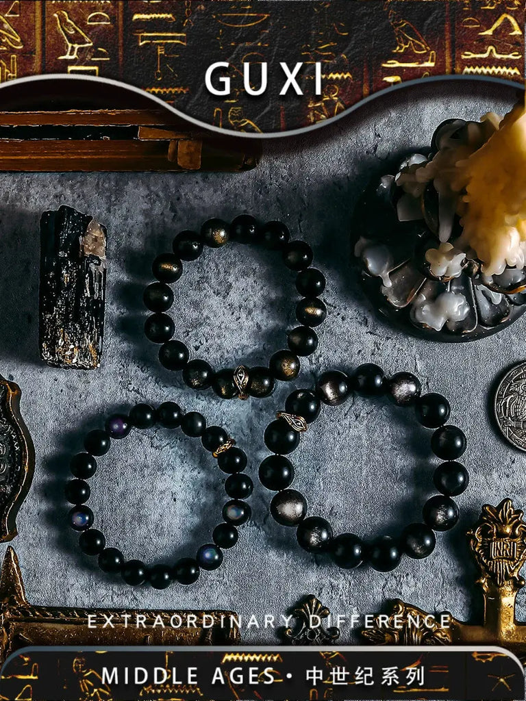 GUI [Eye of God] Gold and Silver Obsidian Bracelet Men's High Sense Retro Couple Bead Bracelet Birthday Gift Buddha&Energy