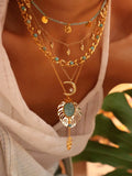 Black Wood 7# Desert Oasis Amazonite Monstera Gypsy Style Titanium Steel Gold-Plated Necklace