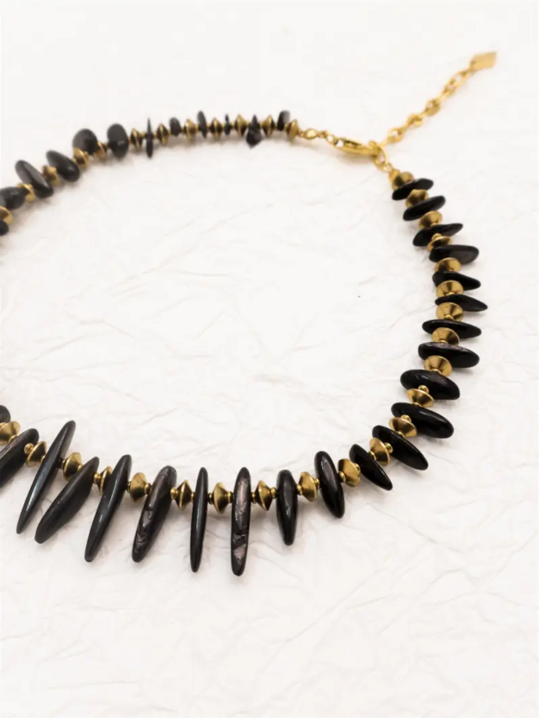 Black Wood "Black Gypsy" | Shaped Gold Obsidian with Pure Brass Custom Beaded Necklace Buddha&Energy