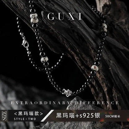 Guli [Mottled] Retro High-Grade Black Agate Beaded Necklace Men's Trendy Special-Interest Design Volcanic Rock Sweater Chain Buddha&Energy