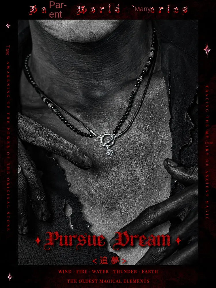 GUI [Dream Chasing] Vintage Obsidian Beaded Necklace Men's High Sense Special-Interest Design Simple All-Match Sweater Chain Buddha&Energy